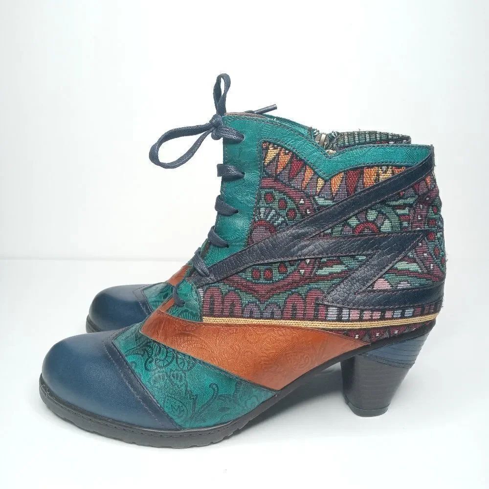 SOCOFY Bohemian Splicing Pattern Block Zipper Ankle Leather Boots
